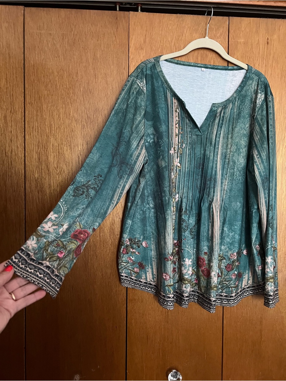 Women’s Teal Floral Long-Sleeve Peasant Top